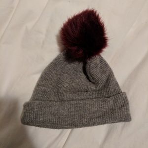 Cute Grey winter hat with maroon pom pom
